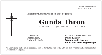 Traueranzeige von Gunda Thron von Pegnitz-Zeitung